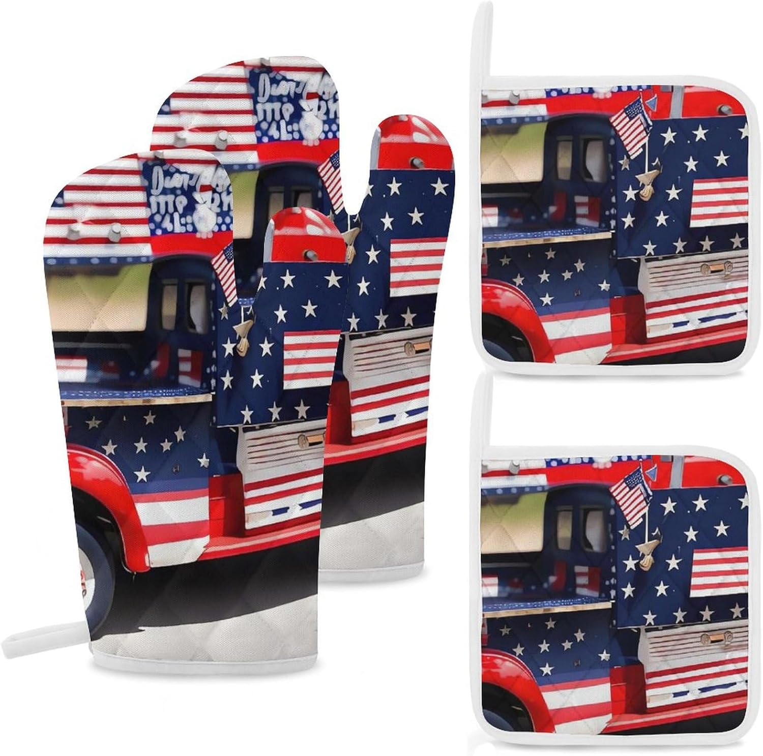 Oven Mitts Pot Holders Kitchen 4th of July Patriotic Truck Heat Resistant Oven Glove for Baking and Cooking
