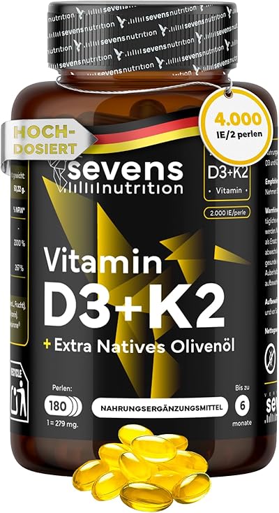 Vitamin D3 K2 4000 IE + MK7 - Hochdosiert mit 200 µg Vitamin K2 - Mit Nativem Olivenöl für Optimale Aufnahme - 180 Kapseln – Sevens