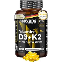 Vitamin D3 K2 4000 IU + MK7 - High Dose with 200  g Vitamin K2 With virgin olive oil for optimal absorption - 180 capsules - Sevens