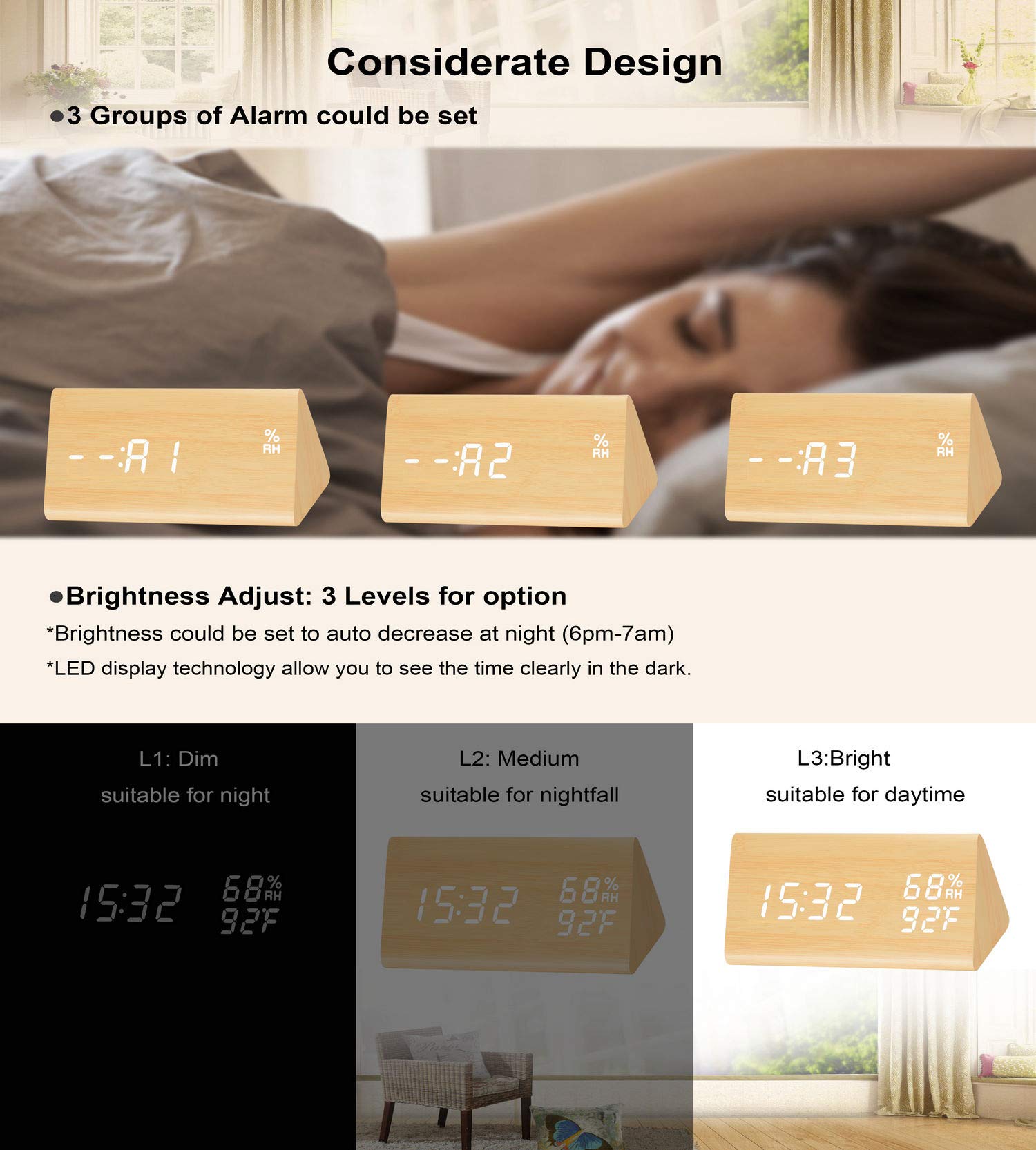 Raercodia Digital Alarm Clock Decorative Wooden Desk Clock Modern