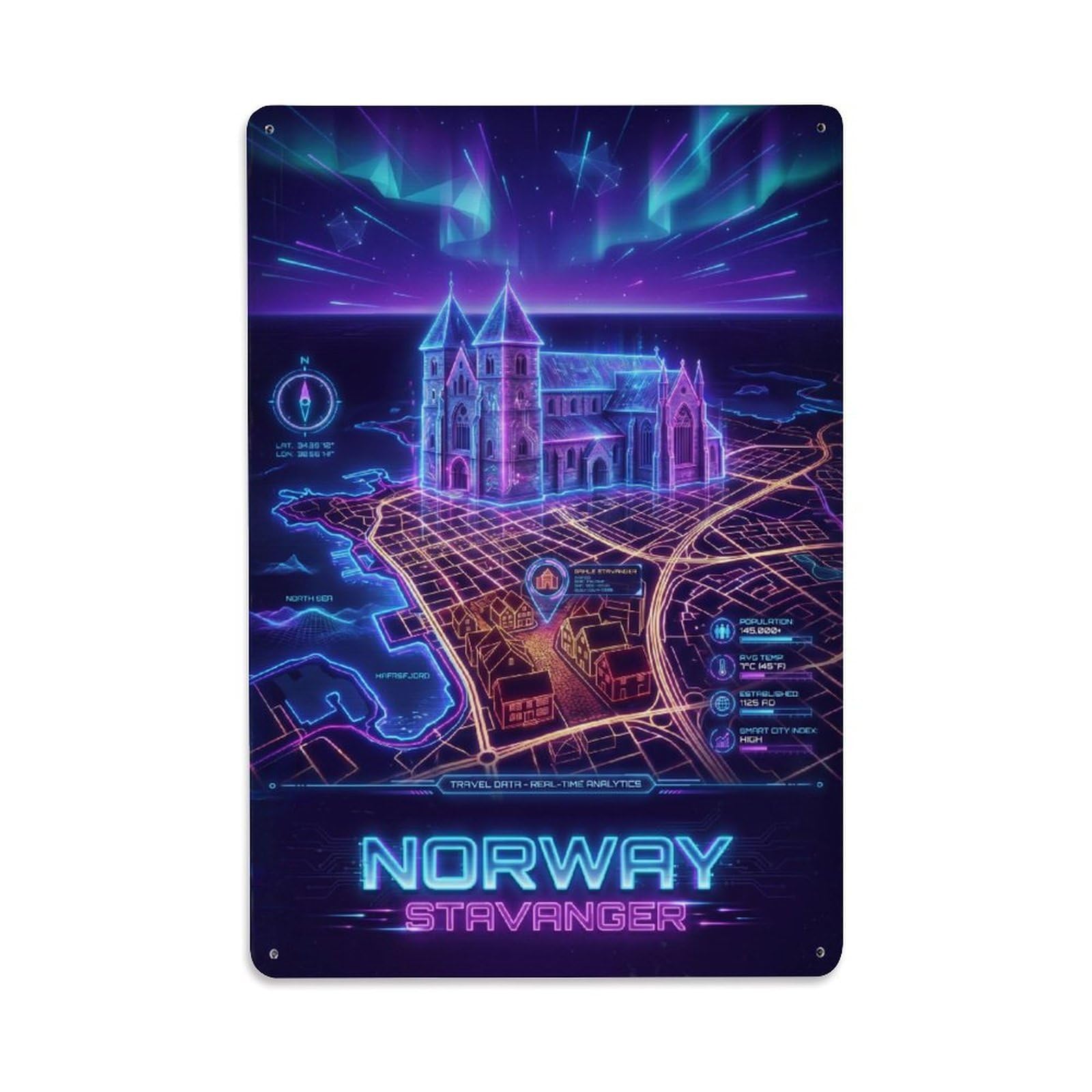 Stavanger Norway Cyber Synthwave Nordic City Neon Map Guide Metal Tin Sign Plaque Wall Decor for Cafe, Man Cave, Club Bar, Office, Home Garden Round Metal Poster 8x12Inch