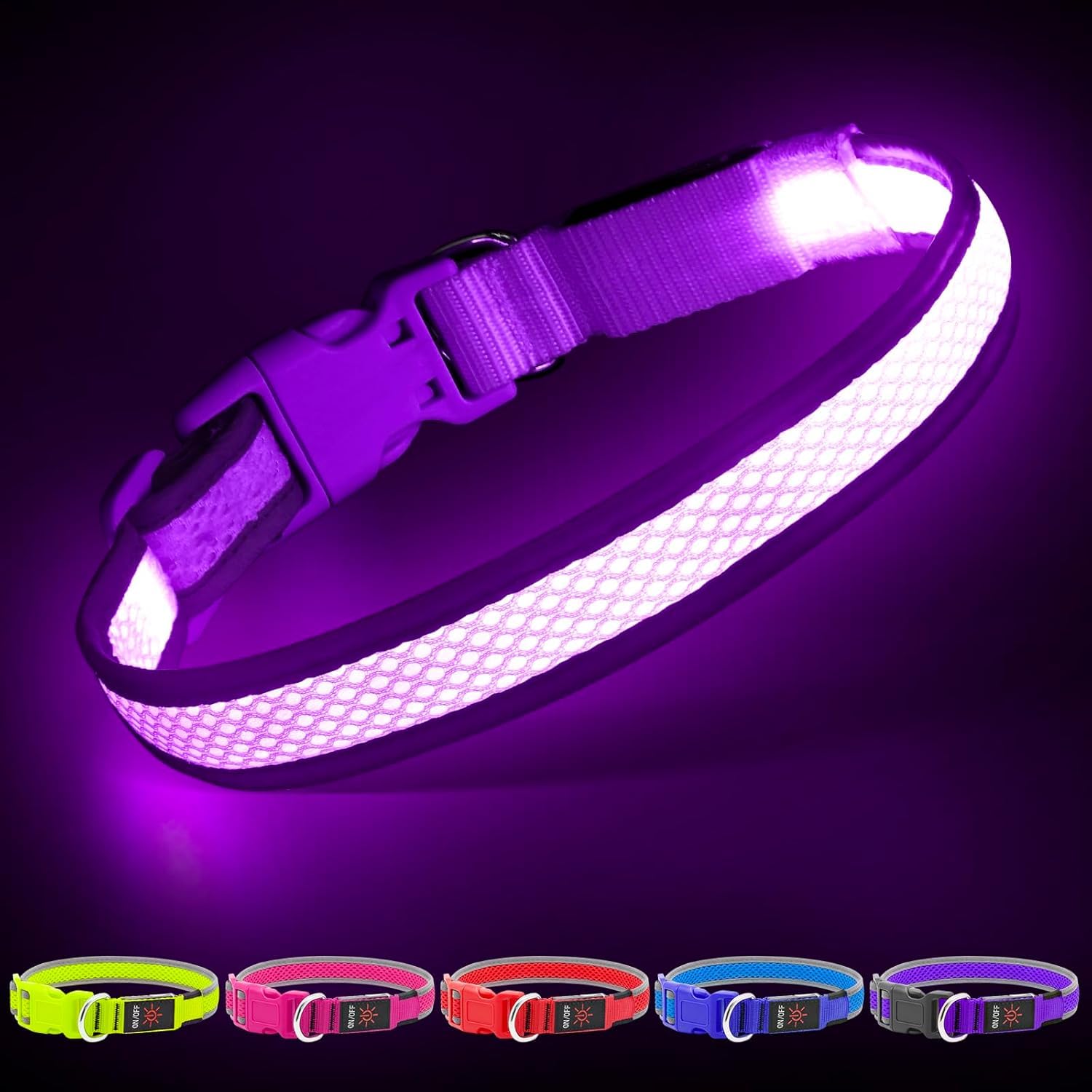 YFbrite Light Collar Dog Rechargeable Nylon LED Dog Collar Waterproof Adjustable with 3 Light Modes Safety for Small and Large Dogs (Purple, M)