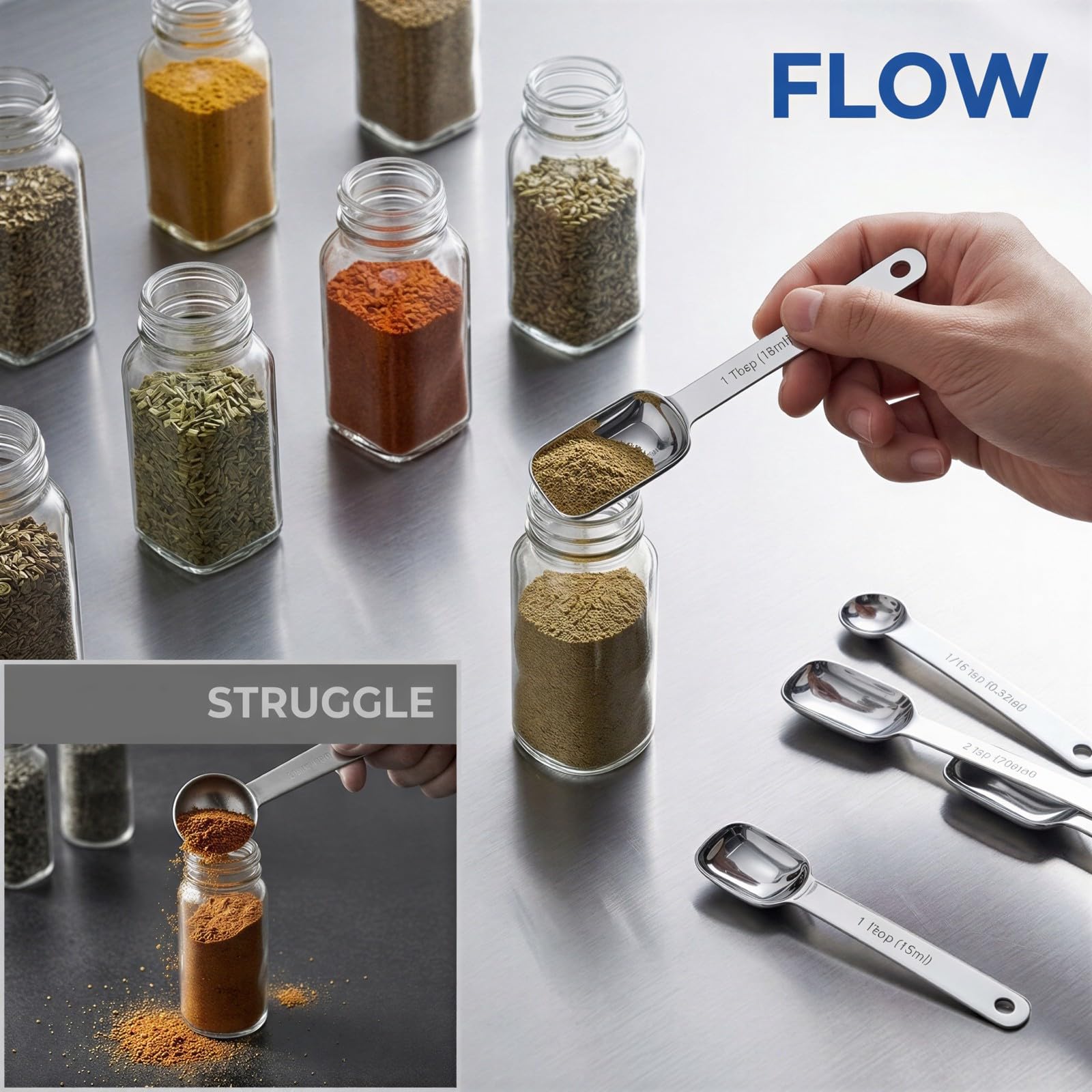 Lot de 9 cuillères doseuses carrées en acier inoxydable avec niveleur, double graduation métrique ml et US tsp/tbsp, finition miroir, empilables pour pâtisserie et cuisine