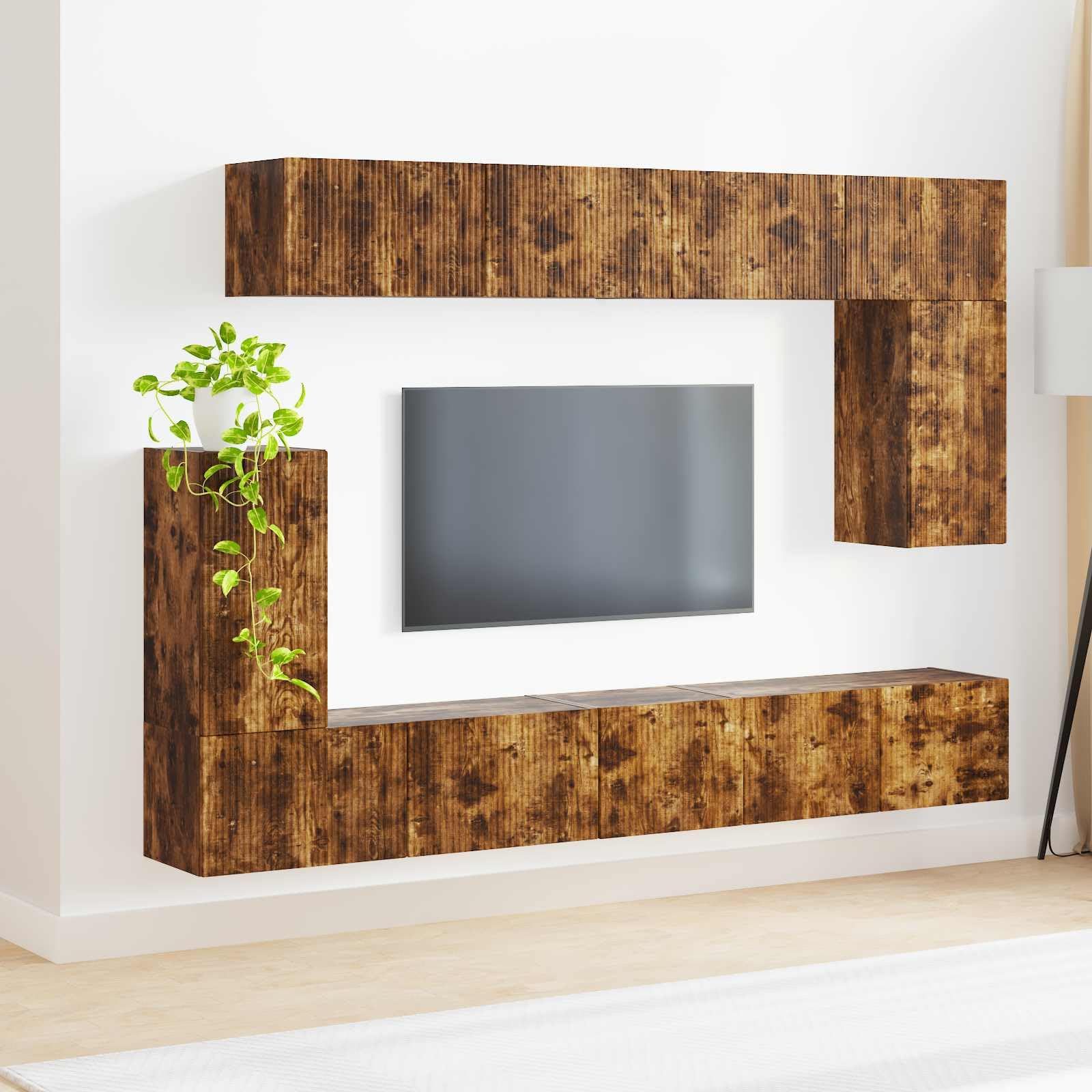TV-Schrankset 5-teilig, Geräucherte Eiche Holzwerkstoff, Wandmontage, Modernes Media-Center für Wohnzimmer, Vielseitiger Stauraum, 98 x 31 x 29,5 cm