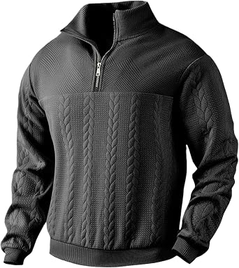 Zaswen 1/4 Zip Up Sweatshirt for Men Fall Winter Stand Collar Henley Sweatshirts Long Sleeve Jacquard Knit Sweaters Tops
