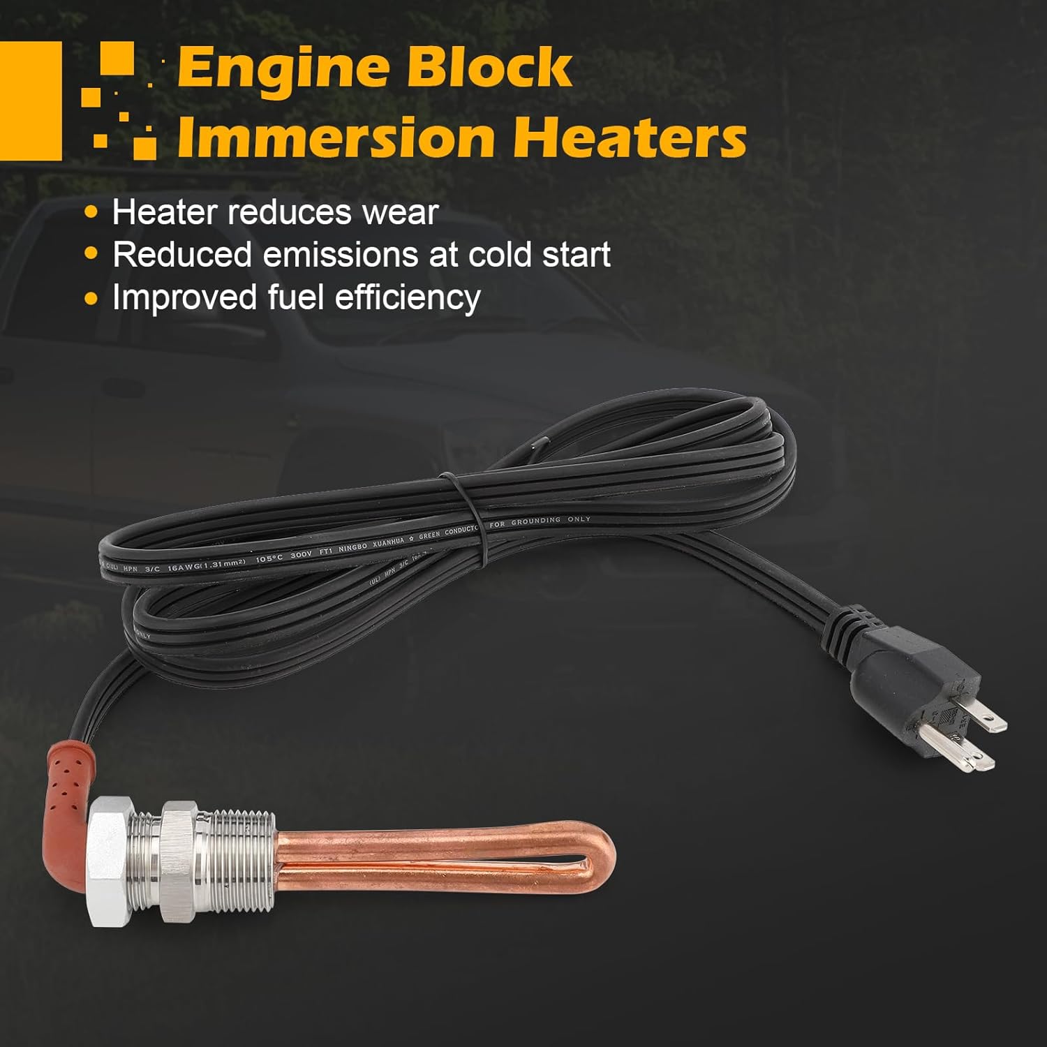 3500043 Engine Block Heater with Cover Cap for Ford, Mercury, Lincoln, International, Caterpillar, Detroit Diesel, Hino, Mack, Nissan, 3/4" NPT Thread / 120 Volts / 1000 Watts