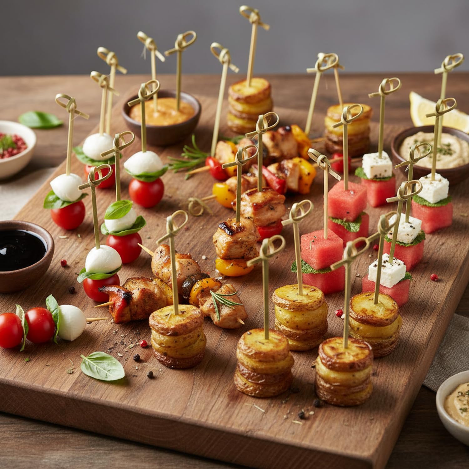 COM-FOUR® 200x patyczki do szaszlyków finger food wykonane z surowców | patyczki do kanapek - drewniane patyczki z wezlami - wykalaczki na przyjecia
