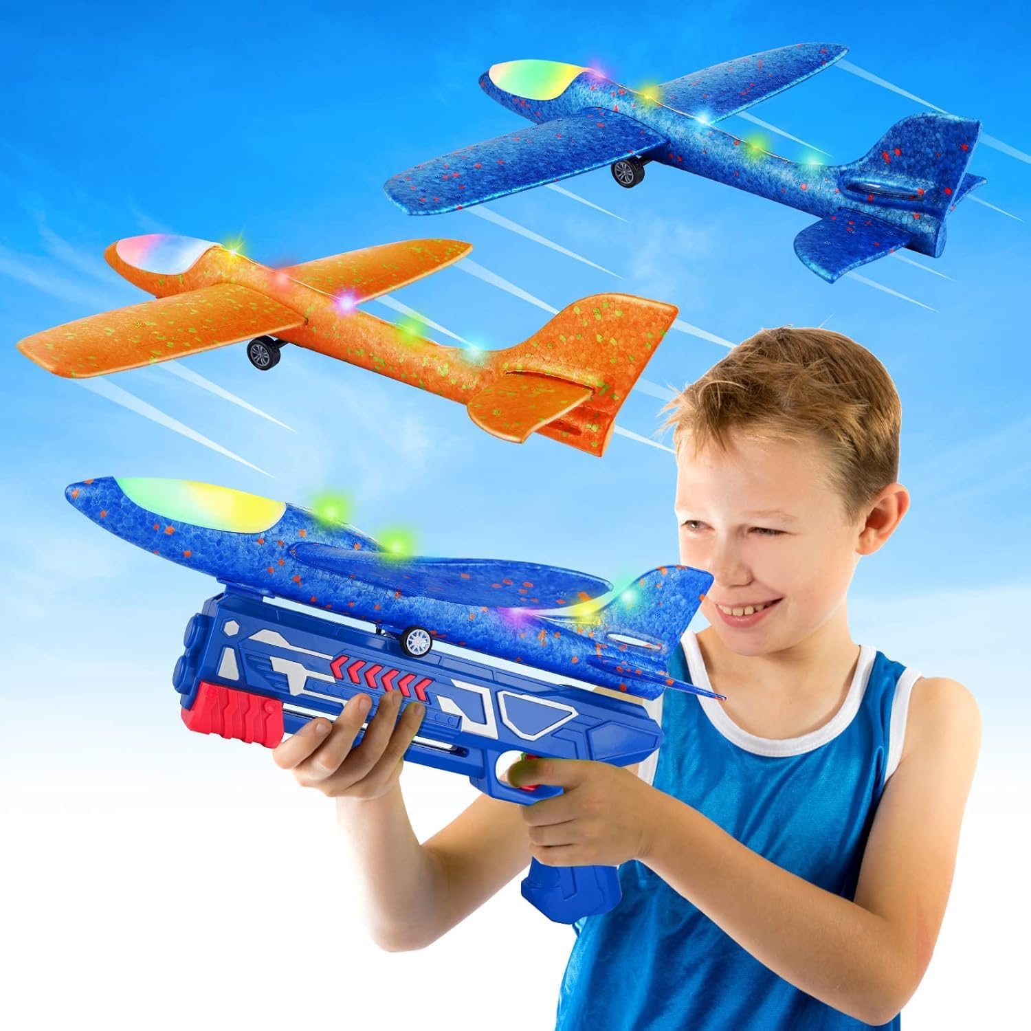 BLUEJAY Airplane Launcher Toys, 2 Flight Modes LED Foam Glider Catapult Plane, Outdoor Sport Flying Toy for Kids, for Age 4 5 6 7 8 9 10 12 Year Old Boys Girls(2 Pack)