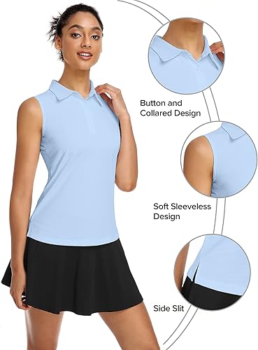 Vista 4 de COOrun Camiseta polo de golf para mujer, sin mangas, camiseta de tenis con protección UV, 50+, secado rápido, con cuello