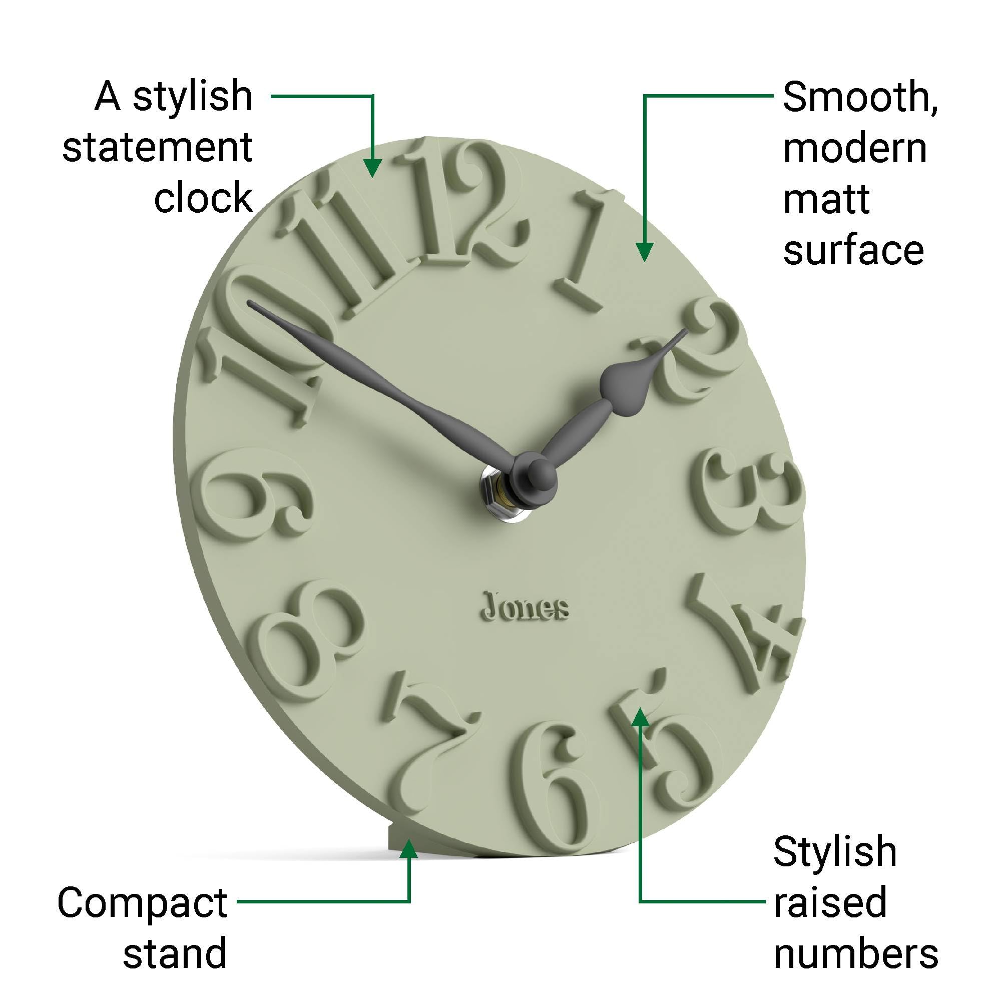 Jones Clocks® Hampstead Orologio da scrivania | Autonomo | Verde salvia | Eleganti numeri modellati in rilievo | Ideale per mensole, camino, soggiorno, ufficio domestico o comodino