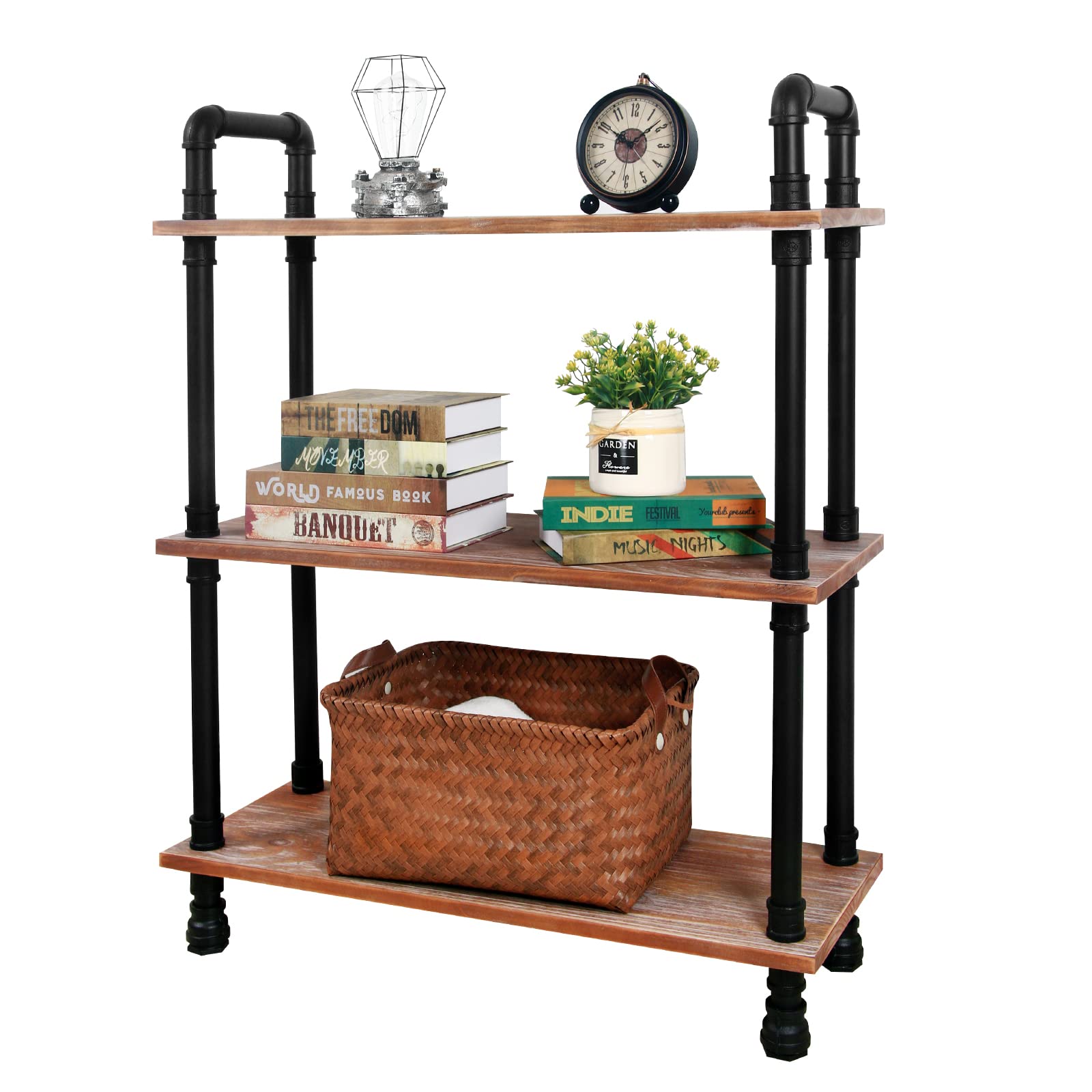 3 Tier Industrial Pipe Etagere Bookcase, Rustic Farmhouse Standing Shelf, Real Pine Wood Open Shelves for Living Room, Bathroom and Kitchen, Wall Mounted, Matte Black (39.4”×31.5”×11.8”)