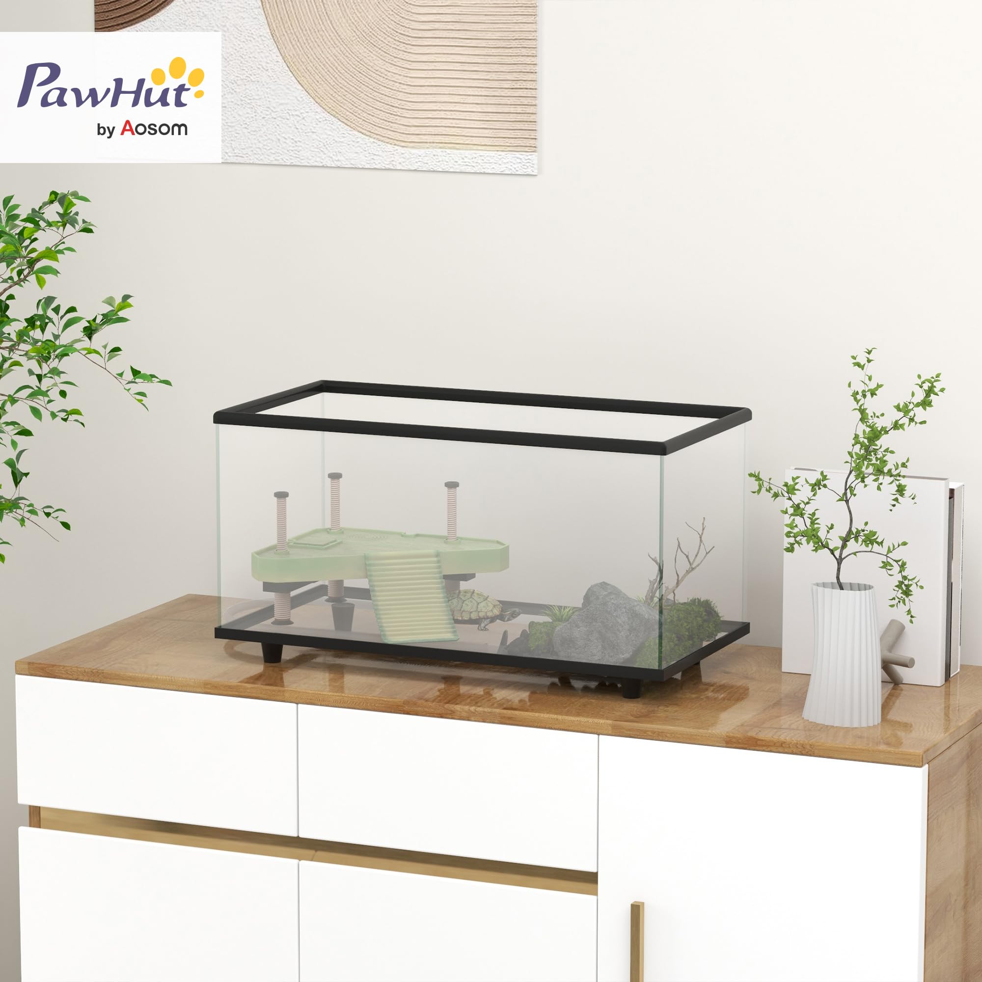 PawHut Acuario para Tortugas 50L con Plataforma 60x30x32 cm Transparente | Terrario de Tortugas Pequeñas, Rampa, Drenaje Fácil, Termómetro Adhesivo