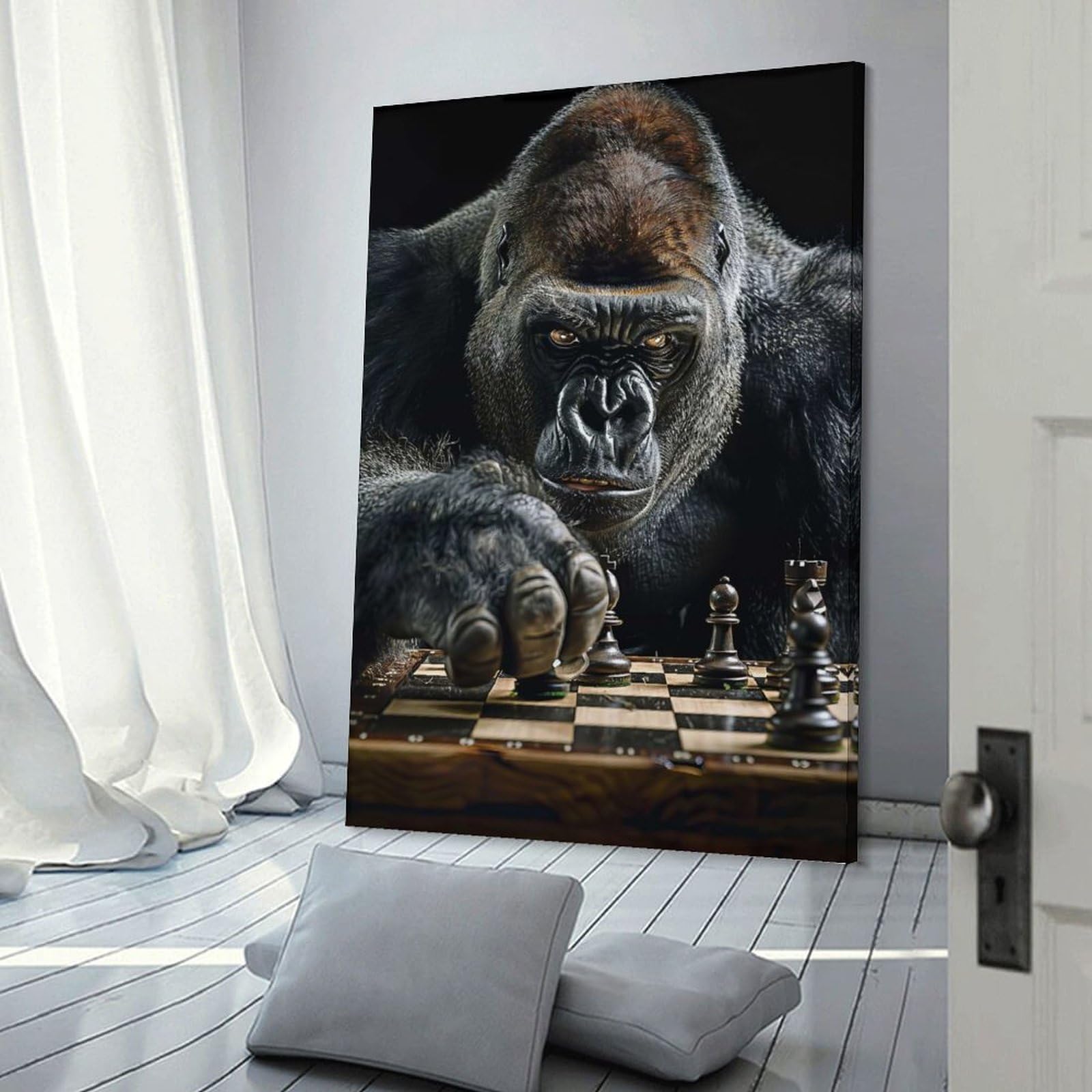 Junmoney Gorilla Chess Wall Art Print, 24x36inch(60x90cm), for Wall Displays, Bedrooms Or Room Updates, A Versatile Canvas Print for Layering