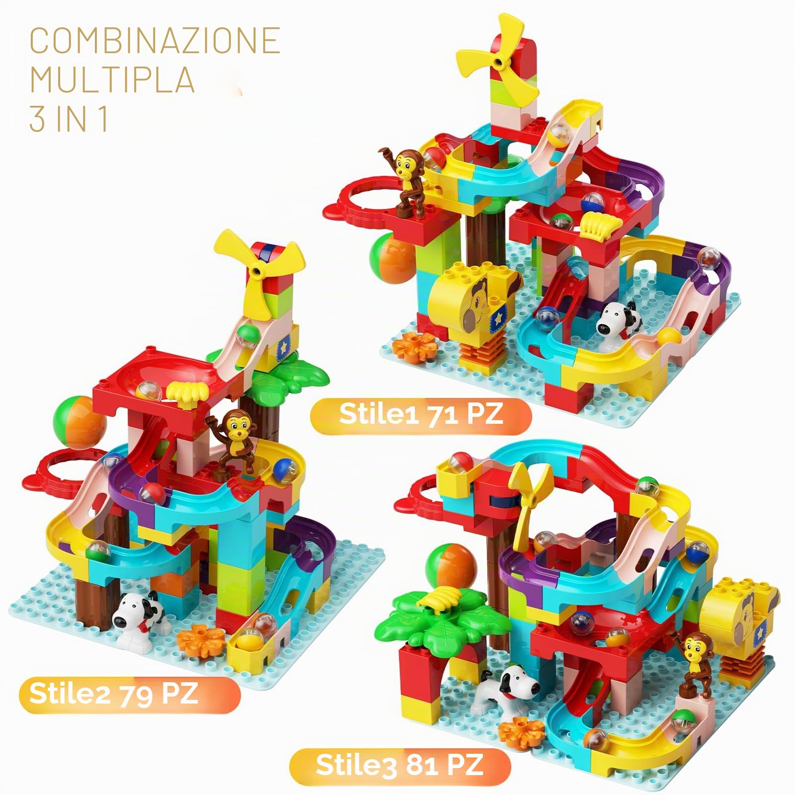 Marble run blocchi di costruzione per bambini giocattoli STEM, 3-in-1 set di costruzione di marmo per bambini grandi blocchi giocattoli di compleanno per ragazzi ragazze 3+ anni
