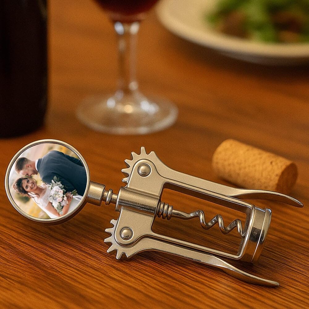 Cavatappi metallico personalizzato con le tue foto – Apribottiglie a leve classico con stampa di 2 immagini – Idea regalo originale per appassionati di vino