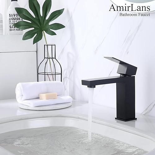 Miniatura 6 de Grifo negro para baño, grifo de baño negro mate de acero inoxidable con un solo orificio con drenaje emergente, grifo de una sola manija AML-1141-BK