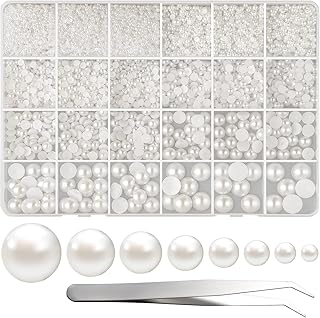 FEPITO 11070 Pcs Flat Back Pearl 8 Sizes Half Round Pearls Flatback Pearl Beads Half Pearl Bead for Crafts Embellishment Shoes DIY Phone Nail Making White