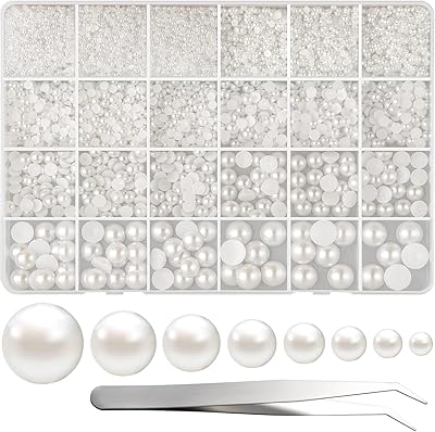 FEPITO 11070 Pcs Flat Back Pearl 8 Sizes Half Round Pearls Flatback Pearl Beads Half Pearl Bead for Crafts Embellishment Shoes DIY Phone Nail Making White