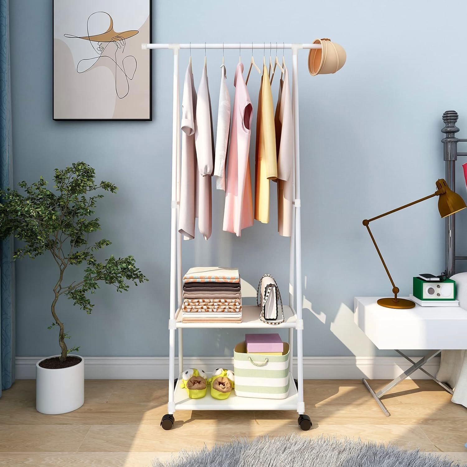 LEOPAX Coat Clothes Rack Stand, Metal Rolling Garment Rack with Shelf & Lockable Wheels-White (160 x 55 x 42cm)