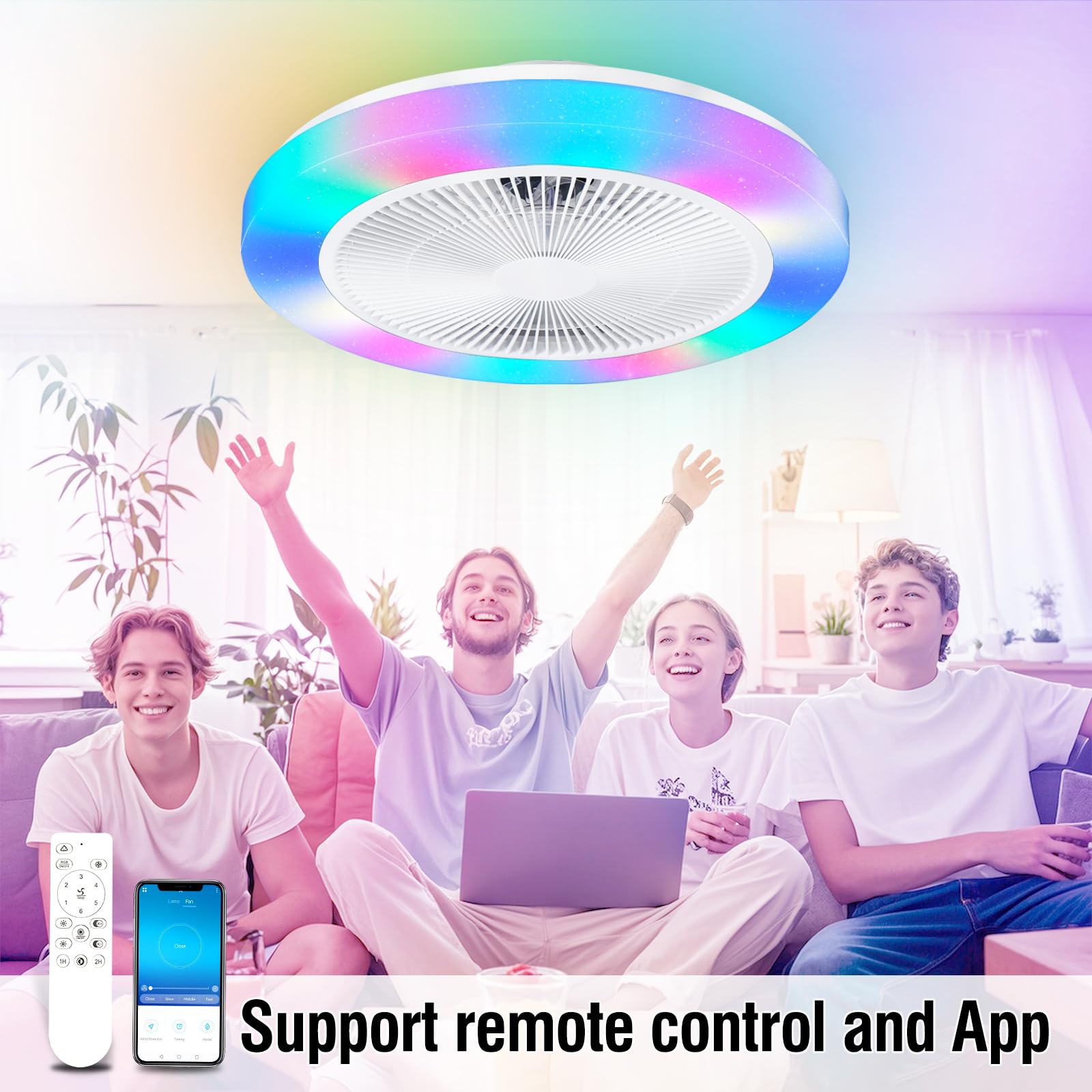 RGB Deckenventilator mit Beleuchtung, Dimmbar Deckenleuchte mit Ventilator Leise, RGB Deckenlampe mit Ventilator Fan mit Fernbedienung,6 Windstufen,3000K-6500K