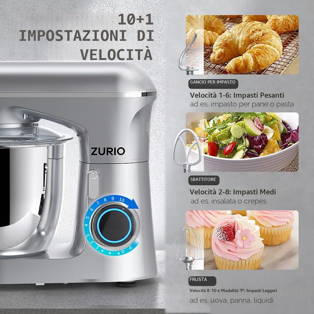 Impastatrice Planetaria, Zurio 5.5L Multifunzione Robot Impastare, 1300W Portable 10 Velocità con Uncino Impastatore, Mescolatore, Frusta Sbattitric