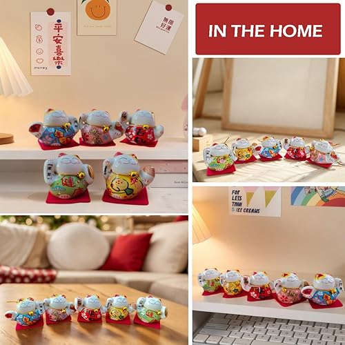 Miniatura 4 de Lucky Statue - Juego de figuras de cerámica china de gato, 5 mini gatos de la fortuna, adorno de escritorio pequeño, colección de ideas asiáticas