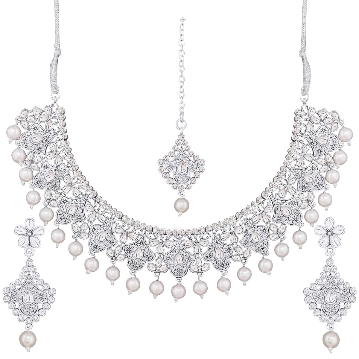I Jewels Traditional Oxidised Silver Plated CZ Stone Studded & Pearl Necklace Set with Earrings & Maang Tikka for Women (M4108S) (B07N82L6L7) Amazon Price History, Amazon Price Tracker