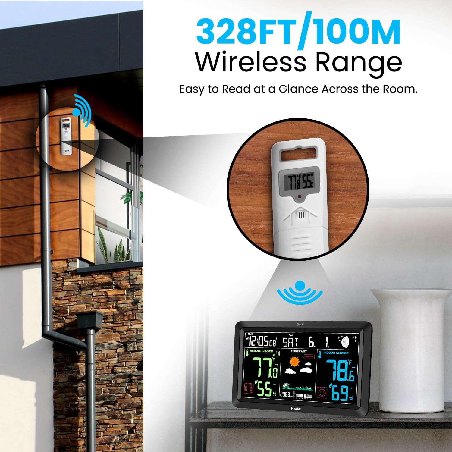 Weather Station Atomic Clock Indoor Outdoor Thermometer Wireless, Barometer Humidity Temperature Monitor Hygrometer with High Precision Sensor Black - Image 2