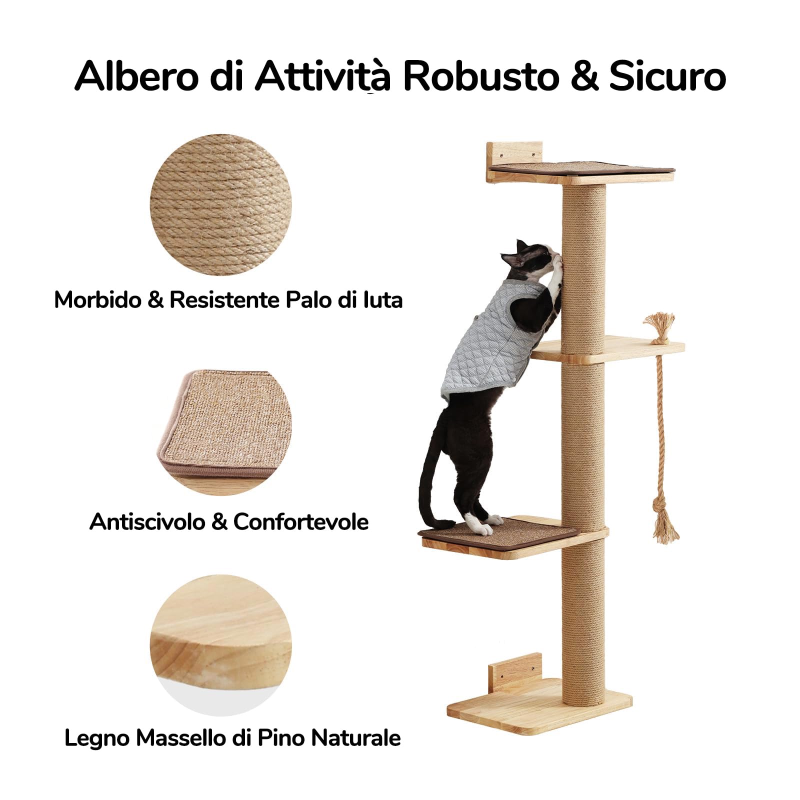 FUKUMARU Albero Tiragraffi per Gatti a Parete, Alto 127 cm, Arrampicare Mensole e Posatoi per Gatti, Legno di Gomma Massiccio,Colonne Tiragraffi con Iuta per Gatti, 4 Tappetini Tiragraffi.Grande.