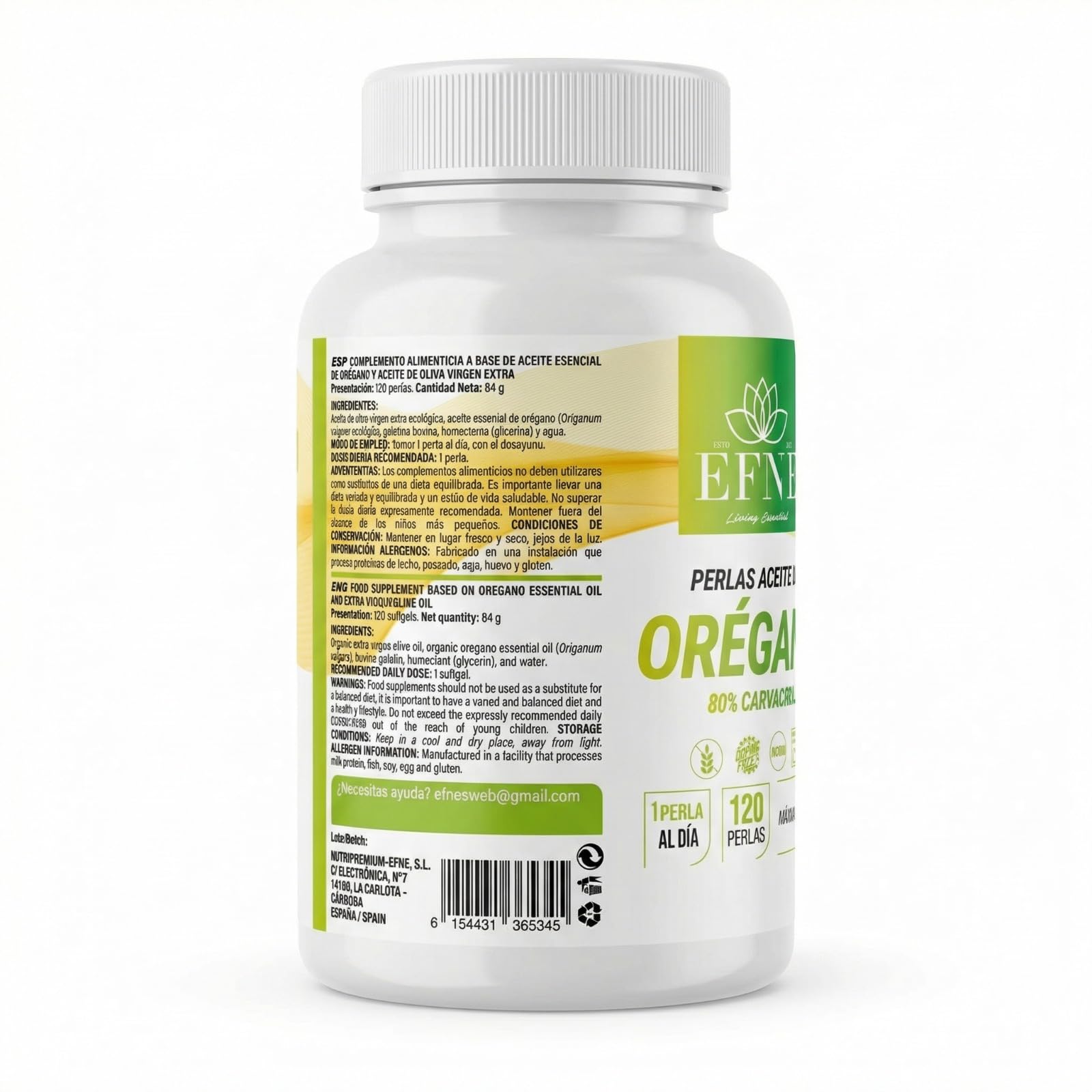 EFNE – Aceite de Orégano Premium 80% Carvacrol + 3% Timol en Perlas (120 perlas) – Con Aceite de Oliva Virgen Extra - 4 Meses suministro - 650mg por capsula en total