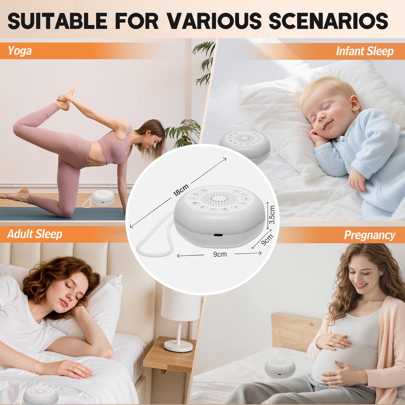Journeyside Maquina Ruido Blanco Bebe, Máquina de Ruido Blanco Portátil con 27 Sonidos Relajantes, Luz Nocturna y Temporizador, Máquina de Ruido Blanco para Dormir para Adultos y Bebés