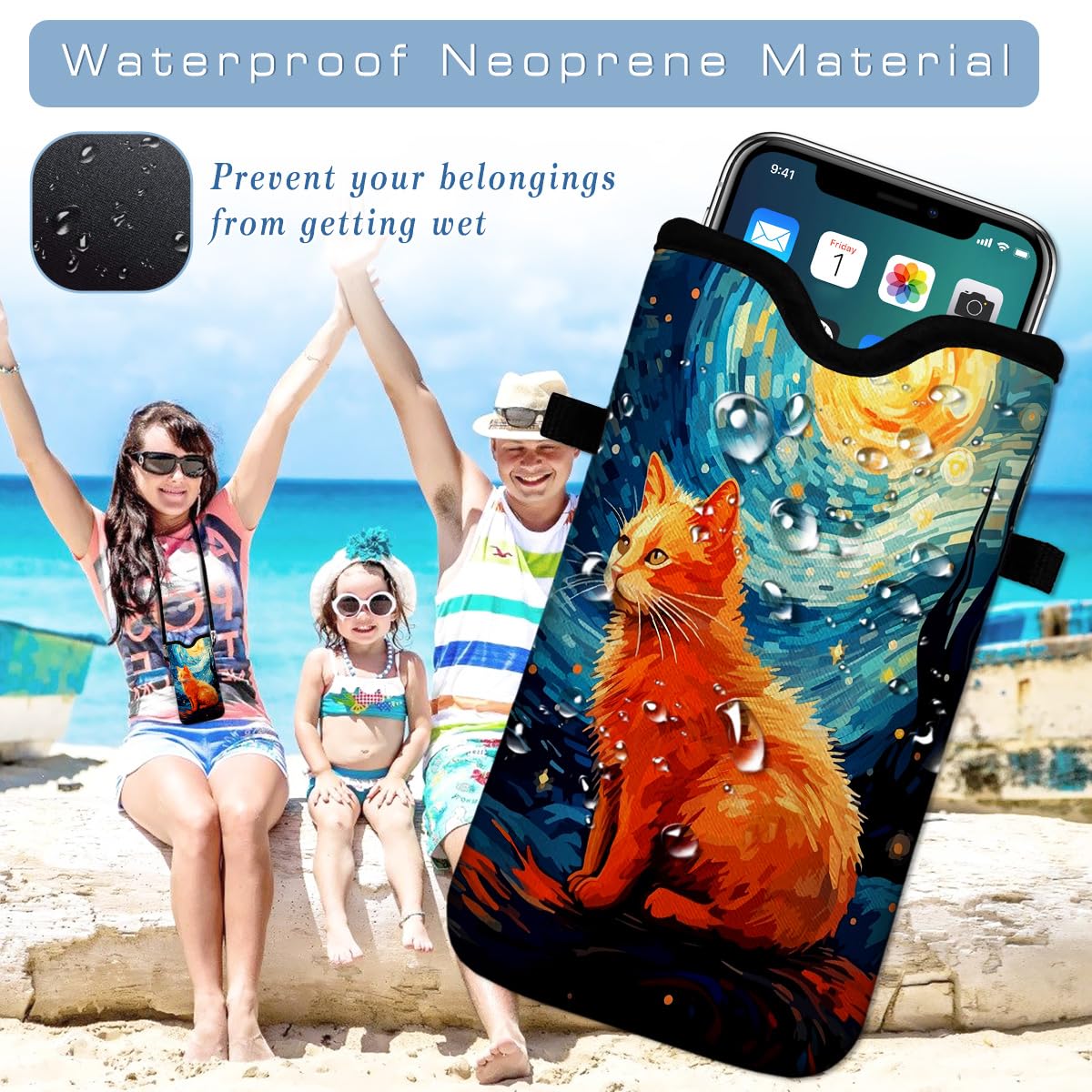 Funda de neopreno para teléfono celular de 7.5 x 4.3 pulgadas, funda de protección móvil con correa cruzada, cordón para el cuello, funda para teléfono celular, pintura al óleo de gato galaxia