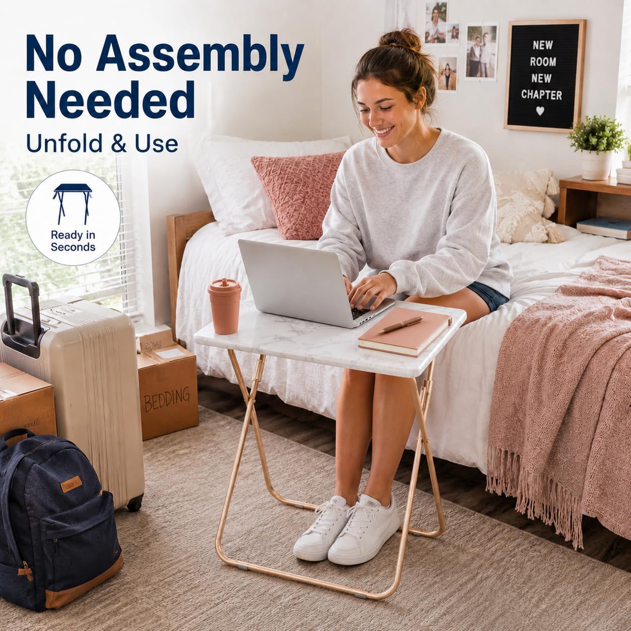 Japard Folding Couch Table Heavy Duty Metal Frame 660lbs, Portable Laptop Desk for Small Spaces, Sofa Side Table for Eating, No Assembly Required (1-Pack, Marble White)