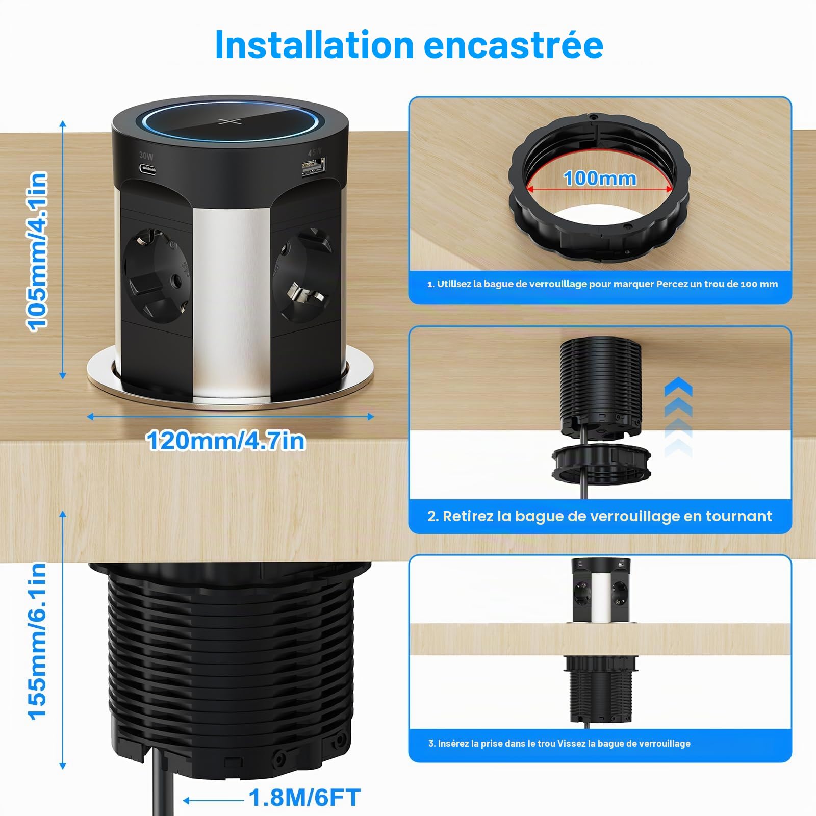 Prise escamotable Plan de Travail avec 2 USB-C 75 W Total, Qi 15 W, Ø100 mm | Multiprise encastrable à pression, 4 prises secteur, 2 USB-A 45W+30W, câble 1,8 m, cuisine et îlot central, noir