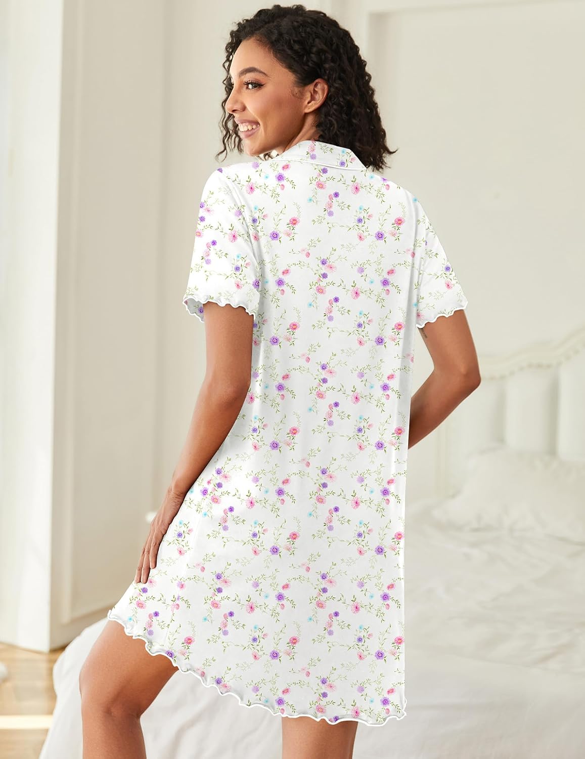 Ekouaer Cotton Nightgowns for Women Button Down Sleep Shirts Short Sleeve Night Gown Boyfriend Sleepwear Soft Night Shirts