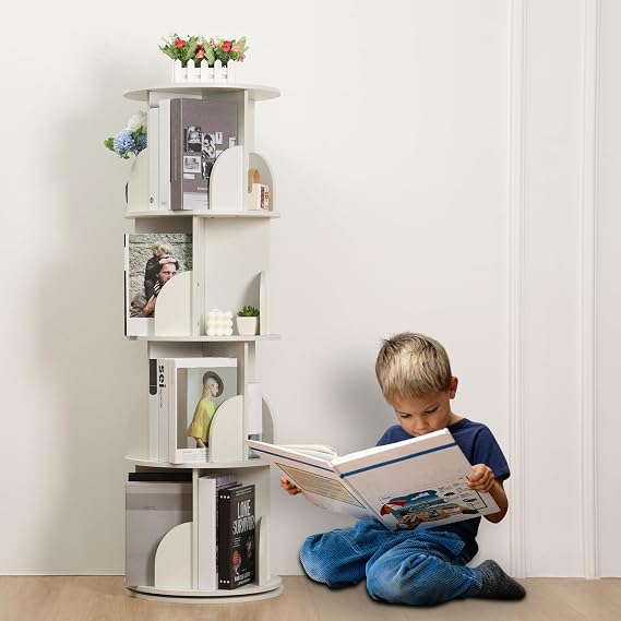 Rotating Bookshelf, 360° Spinning 4-Tier Floor Standing Bookcase with Space-Saving, Small Corner Bookcase for Kids Room,Kids Room Book Storage Organizer, Wood Narrow Book Shelf White