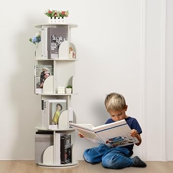 Rotating Bookshelf, 360° Spinning 4-Tier Floor Standing Bookcase with Space-Saving, Small Corner Bookcase for Kids Room,Kids Room Book Storage Organizer, Wood Narrow Book Shelf White