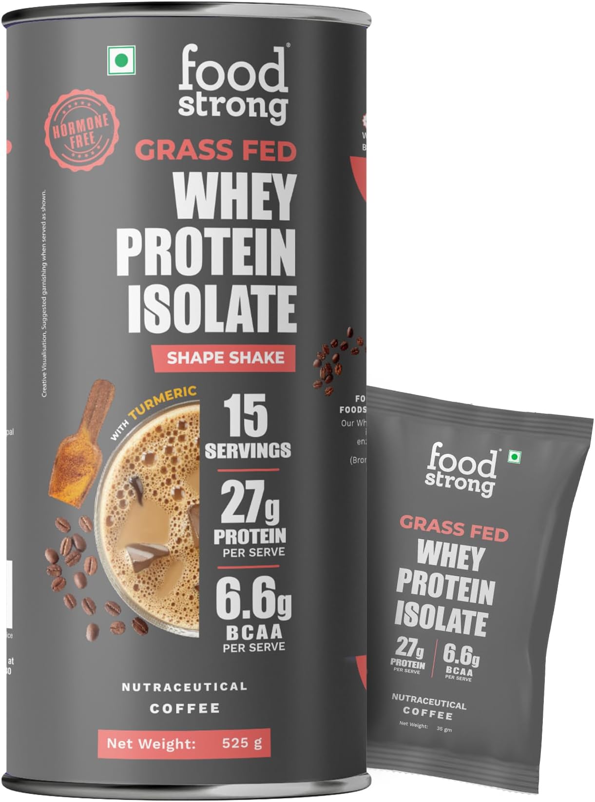 Whey Protein Isolate, 100% Hormone Free Grass-Fed Whey, 27G Protein & 6.6G BCAA, Coffee, With Turmeric & Digestive Enzymes, 15 Sachets, 525G