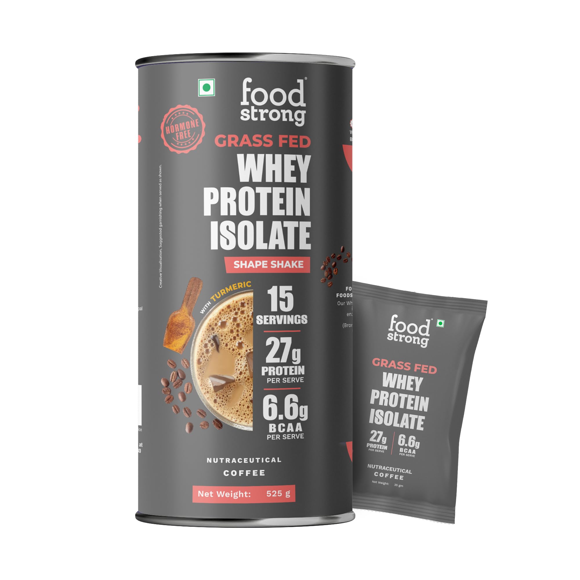 Sponsored Ad - Foodstrong Whey Protein Isolate, 100% Hormone Free Grass-Fed Whey, 27G Protein & 6.6G BCAA, Coffee, With Turmeric & Digestive Enzymes, 15 Sachets, 525G