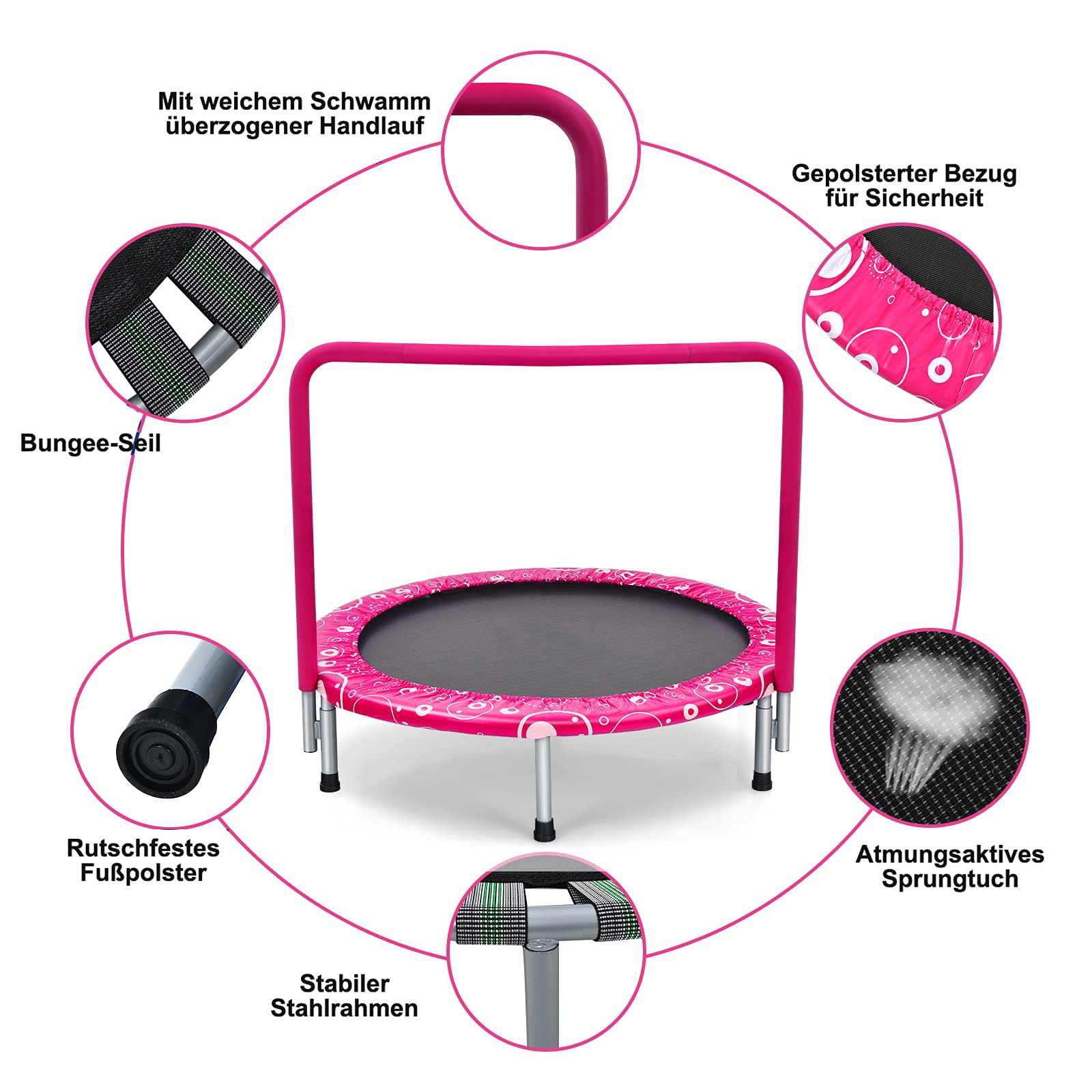 GYMAX Cama Elástica Infantil 92 x 92 x 80,5 cm, Cama Elástica Plegable con Mango de Espuma y Almohadilla de Seguridad, Mini Trampolín para Niños, Entrenamiento de Salto para Interior y Exterior