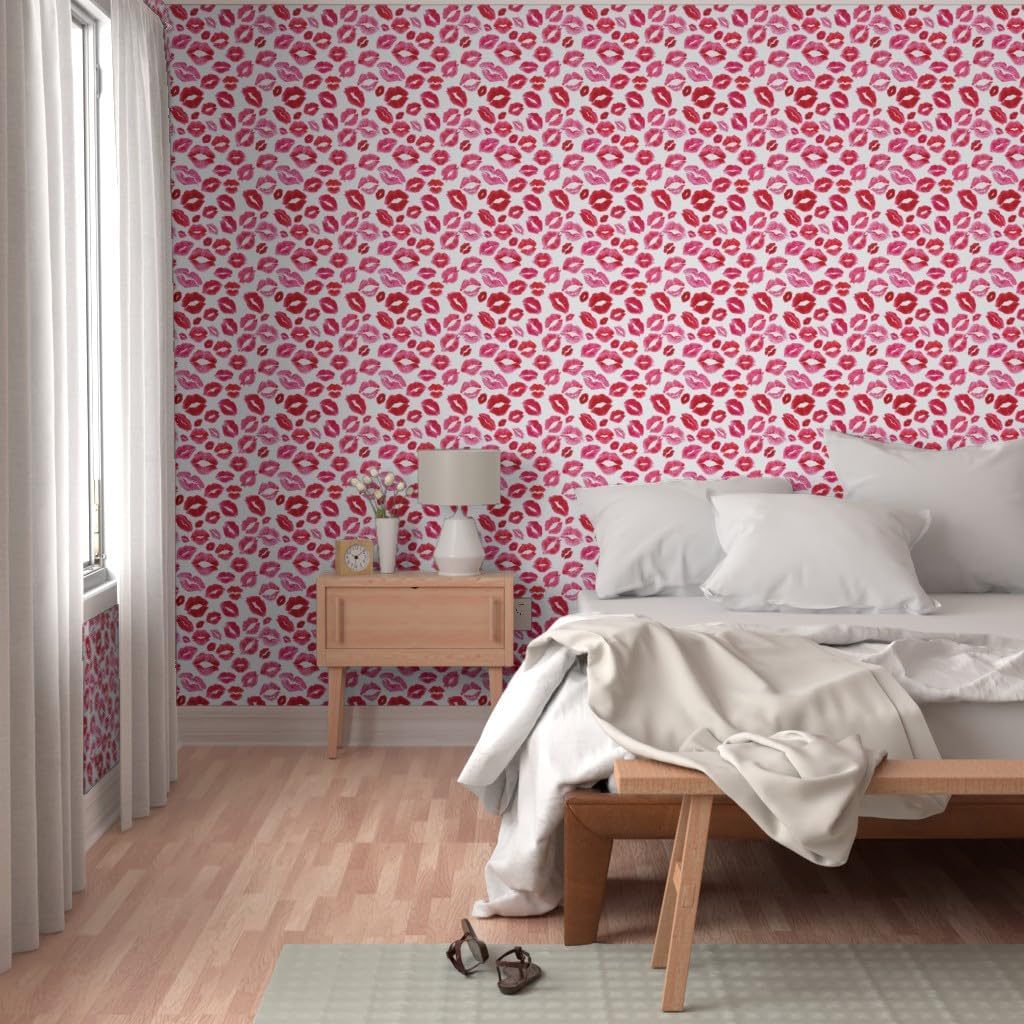 Spoonflower Peel & Stick Wallpaper 3ft x 2ft - Love Lips Red Valentine Beauty Lipstick Kisses Watercolor Valentines Day Girly Makeup Custom Removable Wallpaper