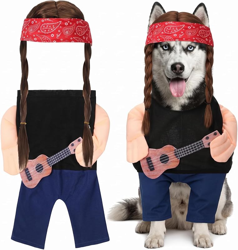 Fantasia de Cantor Country para Cães com Violão, Peruca e Bandana Huhumy XXL