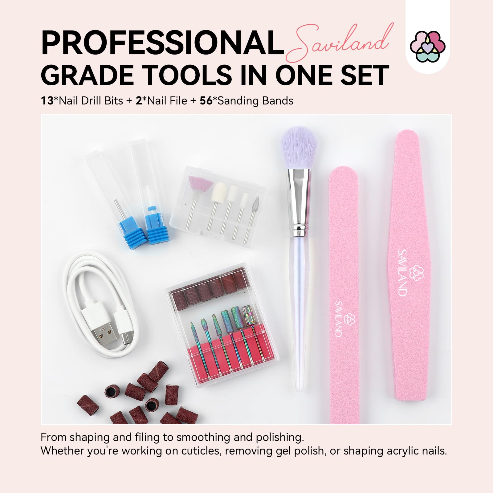 SAVILAND Professional Nail Drill : 40000RPM Rechargeable Pink Nail Drill Kit Electric Filer with 6000mAh Battery for Shaping, Removing & Polishing Acrylic Nails Home Salon Manicure Pedicure Ideal Gift