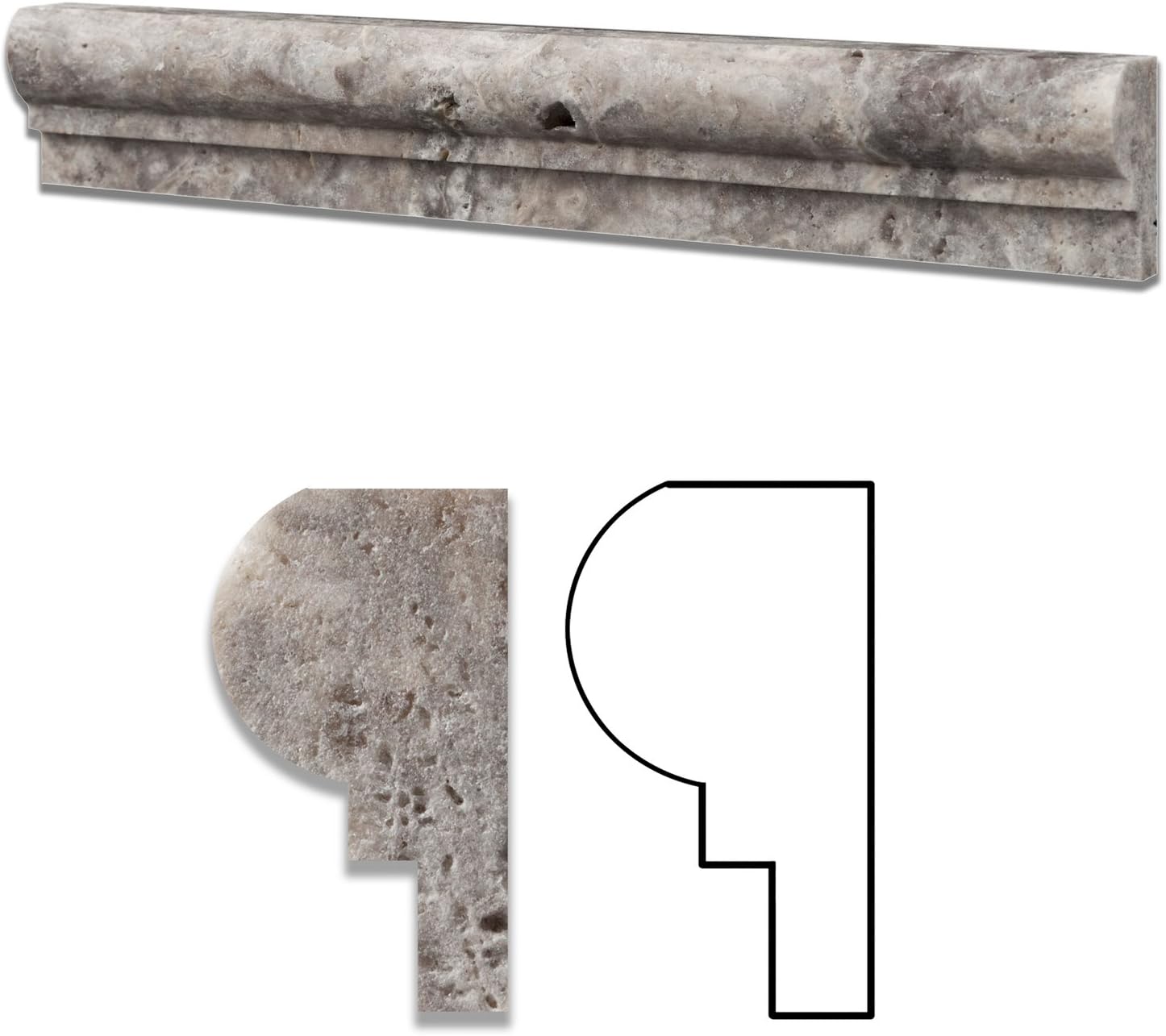 Silver (Pewter Blend) Travertine Honed 2 X 12 Chair Rail Ogee-1 Molding - Standard Quality - Box of 15 PCS
