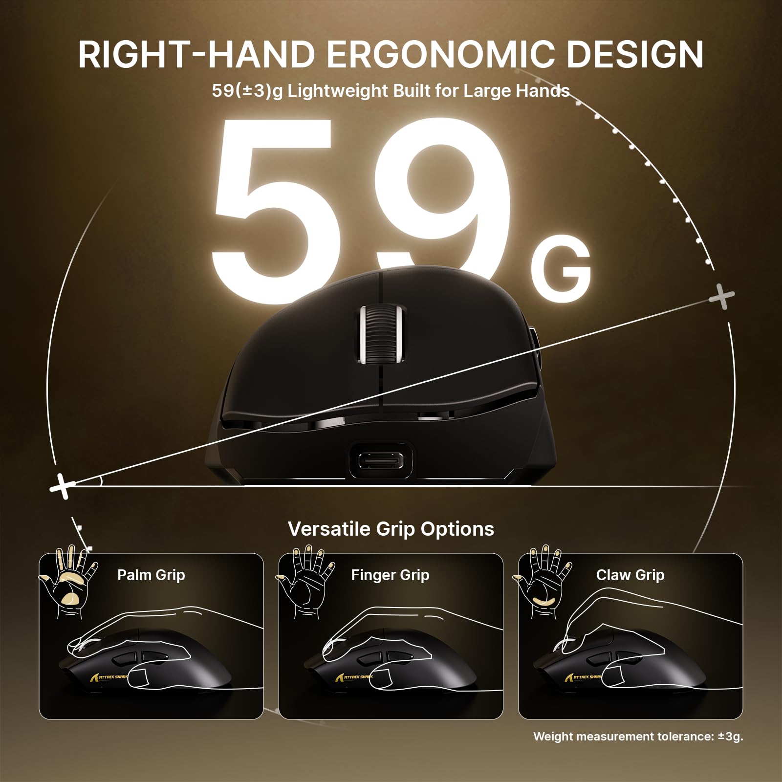 ATTACK SHARK V8 Wireless Gaming Maus mit LED Spiralkabel, Nordic 54L15 Chip, PAW3950MAX, 42000DPI, Dual 8000Hz, 59g Ultraleicht für Große Hände, Hai-Flossen-Dongle Design, 2.4Ghz/BT/Kabel, Schwarz - 4