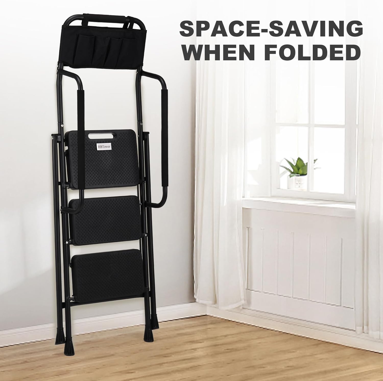 HBTower Step Ladder with Handrails, Folding Step Stool with Attachable Tool Bag & Anti-Slip Wide Pedal for Home Kitchen Pantry Office, Black