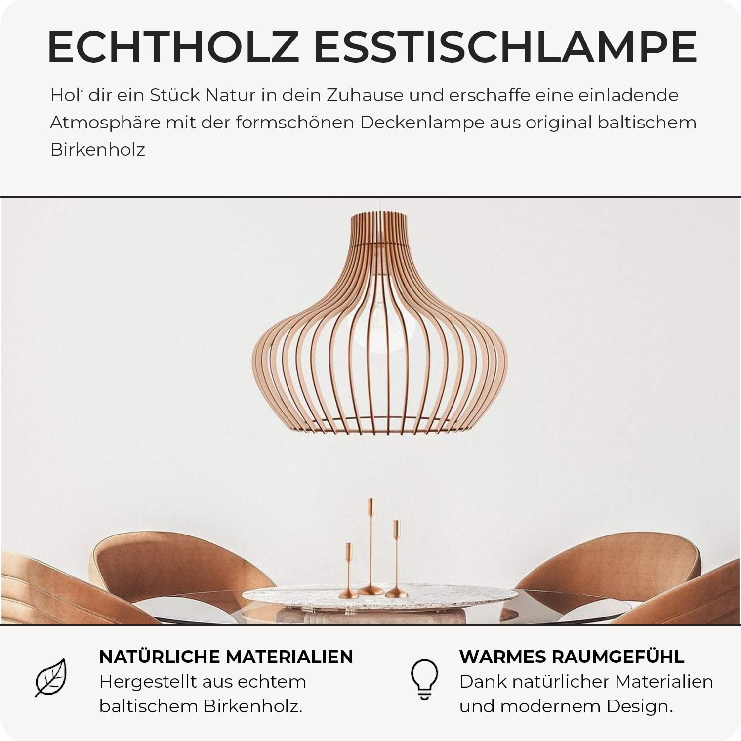 Pendelleuchte Holz „Iduna“, skandinavische Hängelampe Esstisch + Wohnzimmer, Boho Hängeleuchte höhenverstellbar + dimmbar mit E27 Fassung (HxD 50x55 cm, Iduna)