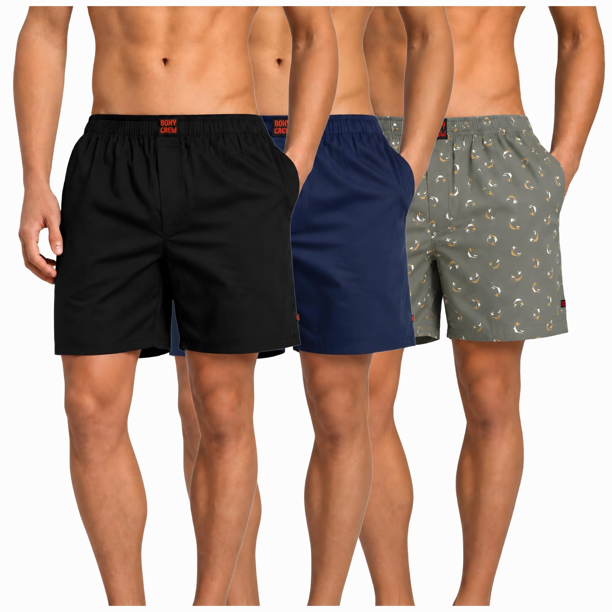 Men's 100% Cotton Boxer Shorts Pack of 3, Black, Navy Blue & Green | Woven Boxers with Side Pockets, No-Marks Elastic Waistband, Breathable Relaxed Fit | Style 001-002-008-image-15