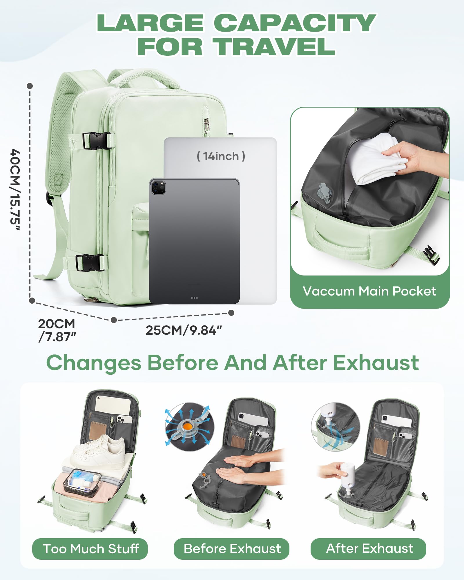SZLX Zaino Ryanair 40x30x20 Sottovuoto con pompa Zaino Ryanair 40x20x25 Sottovuoto Bagaglio a Mano 40x30x20 Wizzair Zaino da Viaggio 45x36x20 Easyjet Donna Zaino Casual Laptop 14 Pollici Impermeabile