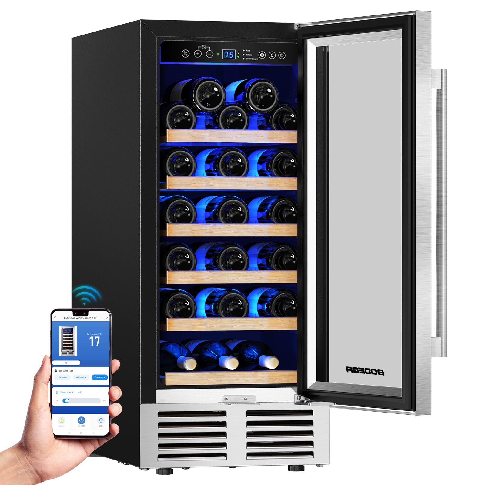 BODEGA 15 Inch Wine Coolers Refrigerators under Counter, With App Control Mini Fridge for Bedroom, Home, Office, Hold 31 Bottles Wine Fridge with Glass Door